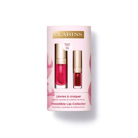 Clarins Lip Comfort Oil Gift Set featuring two lip oils in pink and deep red shades in a pink floral gift box