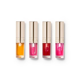 Clarins Lip Comfort Oil Mini Collection Gift Set featuring four mini lip oils in orange, pink, red, and hot pink shades with gold caps