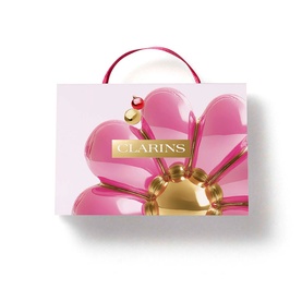 Clarins Lip Comfort Oil Mini Collection Gift Set in pink floral-shaped box with gold detail and red berry accent