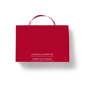 Clarins Lip Comfort Oil Mini Collection Gift Set in red envelope-style gift box with ribbon handle and printed text on front.