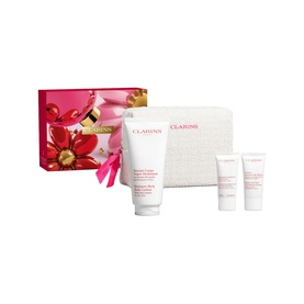Clarins Body Moisturising Gift Set with white cosmetic bag, body cream tube and two mini skincare products on pink floral box