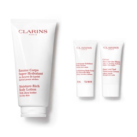 Clarins Body Moisturising Gift Set with large body lotion tube and two smaller cream tubes, white packaging with red branding