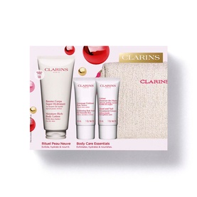 Clarins Body Moisturising Gift Set with body lotion, two mini creams, and a textured pouch, presented in festive packaging