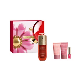 Clarins Double Serum & Multi-Active Gift Set with serum, two creams, and lip product in red and pink gift box