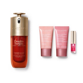 Clarins Double Serum & Multi-Active Gift Set featuring red serum bottle, two pink tubes, and a mini lip product