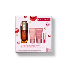 Clarins Double Serum & Multi-Active Gift Set containing serum, two creams and a lip oil, displayed in pink gift box