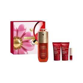 Clarins Double Serum & Super Restorative Gift Set with serum, two creams, and a lip product in red and gold packaging