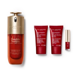 Clarins Double Serum & Super Restorative Gift Set featuring serum, two creams, and a mini lip product in red packaging