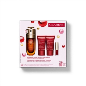 Clarins Double Serum & Super Restorative Gift Set featuring serum, two creams and a lip treatment in branded red and gold packaging