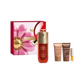 Clarins Double Serum & Extra-Firming Gift Set with serum, two mini creams and a facial oil, presented in a red floral gift box
