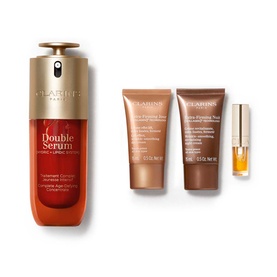 Clarins Double Serum & Extra-Firming Gift Set featuring serum bottle, two cream tubes and a miniature oil vial