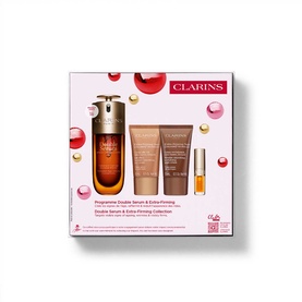 Clarins Double Serum & Extra-Firming Gift Set containing serum, moisturiser, eye cream and lip oil in branded pink box