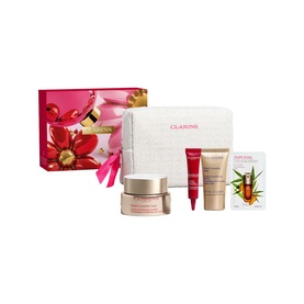 Clarins Nutri-Lumi&egrave;re Gift Set with white pouch, day cream, serum, eye cream and face oil, displayed with floral gift box