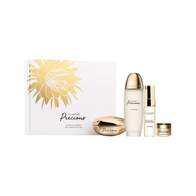 Clarins Precious Complete Ritual Gift Set with box, toner, serum, cream and mini, gold and white packaging