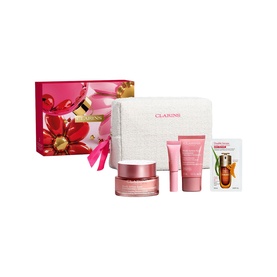 Clarins Multi-Active Gift Set including cream, tube, serum vial and white cosmetic pouch, presented with floral gift box