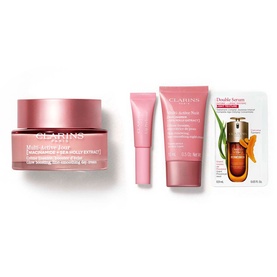 Clarins Multi-Active Gift Set featuring day cream, eye cream, and serum, displayed with a Double Serum sample card