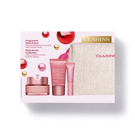 Clarins Multi-Active Gift Set featuring moisturiser, day cream, serum, and branded pouch, displayed on white background