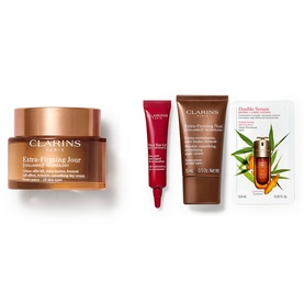 Clarins Extra-Firming Gift Set featuring day cream, eye contour serum, neck cream and Double Serum leaflet