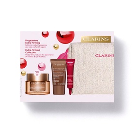 Clarins Extra-Firming Gift Set featuring three skincare products and a beige cosmetic pouch in branded red gift box packaging