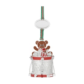 Silver and red Christmas bucket ornament with gingerbread bear figure, hanging from striped green and red ribbon with oval tag