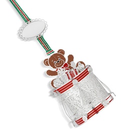 Hanging Christmas ornament featuring a brown teddy bear with gift boxes, red and white striped accents, green and red striped ribbon, oval tag topper
