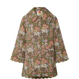 Farm Rio green floral-print coat with scalloped hem, spread collar, and button-front fastening