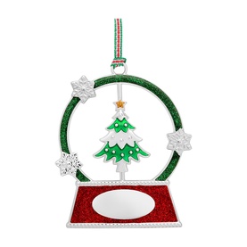 Newbridge silver Christmas tree snow globe hanging ornament with green glitter ring, red base, and snowflake details on striped ribbon