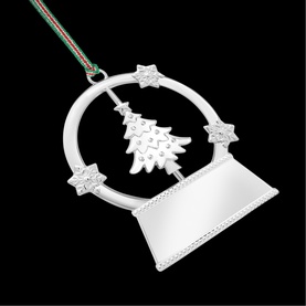 Newbridge silver Christmas tree ornament with star details, circular frame, and striped ribbon hanger