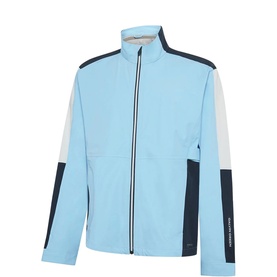 Galvin Green jacket in Crystal Blue and Navy with full-length zip, colour-block panels and stand collar