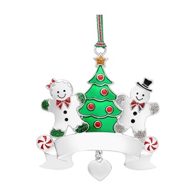 Newbridge silver Christmas tree ornament with gingerbread figures, peppermint candy details, blank banner, and dangling heart charm