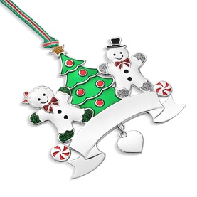 Newbridge silver Christmas tree ornament with enamel gingerbread figures, peppermint details, banner, and heart charm on striped ribbon