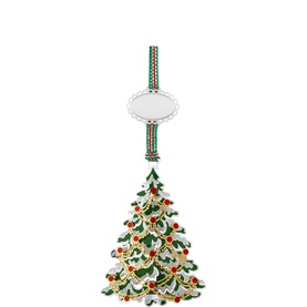 Newbridge silver Christmas tree hanging ornament with green enamel, red baubles, gold detailing, and striped ribbon loop
