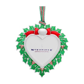 Newbridge silver heart photo frame Christmas ornament with green holly, red bow, and striped ribbon hanger