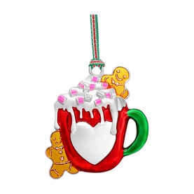 Newbridge silver Christmas tree ornament, red and green hot chocolate mug with gingerbread figures, marshmallows, and striped ribbon hanger