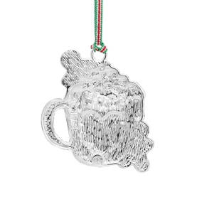 Newbridge silver Christmas mug ornament with frothy detail, hanging from red and green striped ribbon