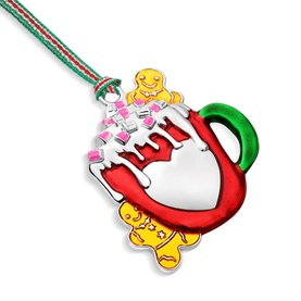 Newbridge silver enamel Christmas mug decoration with gingerbread men detail, red and green colouring, on striped ribbon hanger