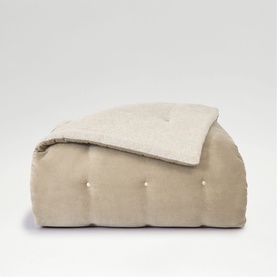 Folded taupe duvet with quilted button detail and contrasting cream fleece lining, shown on plain background