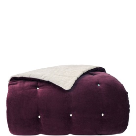 Christys fig purple tufted comforter with cream reverse, button details, shown folded to display both sides
