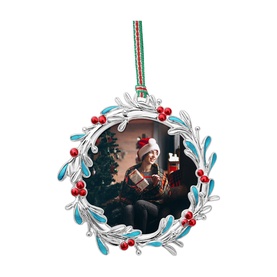 Newbridge silver Christmas wreath photo frame ornament with red berries, blue enamel leaves, and festive striped ribbon hanger
