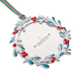 Newbridge silver-tone wreath photo frame ornament with teal enamel leaves, red berry clusters, and red and green ribbon hanger