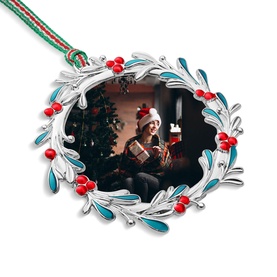 Newbridge silver Christmas wreath photo frame ornament with blue enamel leaves, red berry accents, and red and green ribbon hanger