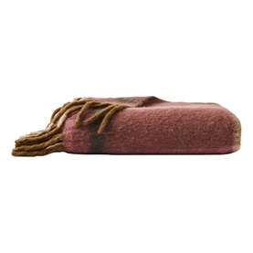 Folded dusty rose and brown wool throw blanket with fringed tassel edges, shown from side angle