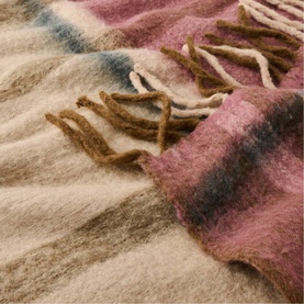 Fluffy checked blanket scarf in pink, beige and teal with twisted fringe detail, close-up texture shot