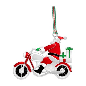 Newbridge silver metal Christmas ornament featuring Santa on a red motorcycle with gifts, hung on a striped ribbon