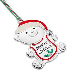 Newbridge silver My First Christmas teddy bear tree ornament with red Santa hat, holly detail, and striped ribbon hanger