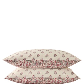 Christys Mulberry Bed Pillow Case pair, cream ground with red floral and botanical border print, shown stacked
