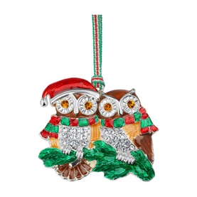 Newbridge silver jewelled owl couple Christmas tree ornament with Santa hat, scarves, and red and green ribbon hanger
