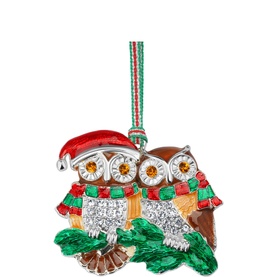 Newbridge silver jewelled owl couple Christmas tree ornament with Santa hat, scarves, and red and green ribbon hanger