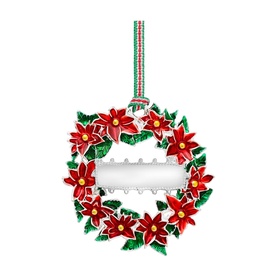 Newbridge silver Christmas wreath hanging ornament with red poinsettia flowers, green leaves, and striped ribbon hanger