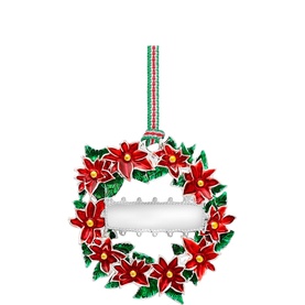Newbridge silver Christmas wreath hanging ornament with red poinsettia flowers, green leaves, and striped ribbon hanger